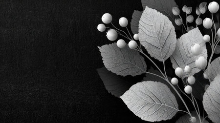 A grayscale illustration displays a stylized floral arrangement against a dark, textured backdrop. Leaves and spherical elements create a decorative design. The artwork features soft shading and a minimalist aesthetic. This image is suitable for various applications, including print and digital projects.の素材