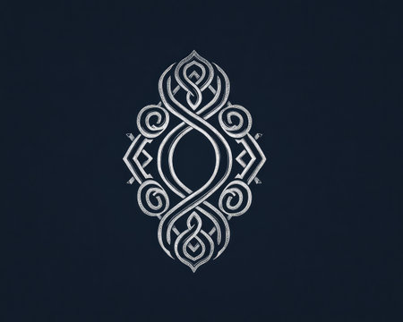 An intricate silver emblem is centered on a dark blue backdrop. The symmetrical design features flowing lines and geometric shapes. The composition is well-balanced, utilizing soft lighting to highlight the details, which suggests a modern yet timeless aesthetic. Suitable for various design projects and visual communication materials.の素材