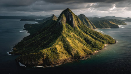 An aerial view presents a verdant island with mountainous terrain, merging into the surrounding ocean. The scene features vibrant green foliage, contrasting with dark shadows and a dramatic, overcast sky. The image offers potential for environmental themes, travel visuals, or use in nature-focused editorial content.の素材