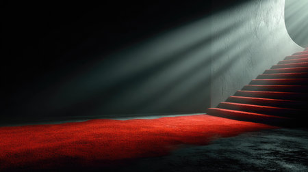 A red carpet and stairs ascend into bright light within a dark, cavernous space. The image displays dramatic lighting casting shadows and highlighting textures. Its composition emphasizes upward movement. Suitable for conceptual illustrations, editorial content, and various design projects requiring visual impact.の素材