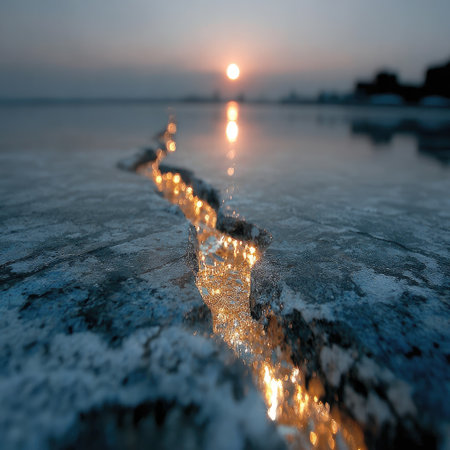 An image captures a close-up of a cracked ice surface under a setting sun. The composition highlights the textured ice and the warm reflections of the sun's light. The scene's color palette includes cool blues and whites contrasted by the warm oranges. This photograph may be suitable for various editorial and commercial applications.の素材