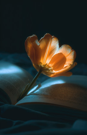 A close-up shot features a vibrant orange tulip illuminated from behind, its petals glowing. The flower rests atop an open book, creating a contrasting interplay of light and shadow. The composition highlights the flower's delicate texture against a dark, undefined background, suggesting a serene indoor setting suitable for various editorial or design projects.の素材
