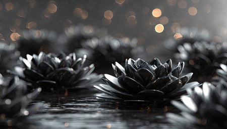 Black lotus flowers float on the water, creating a serene, abstract composition. The image showcases the flowers with detailed textures and subtle highlights. Soft lighting and a blurred bokeh background enhance the elegant ambiance. This artwork is suitable for various applications, including print and digital projects.の素材