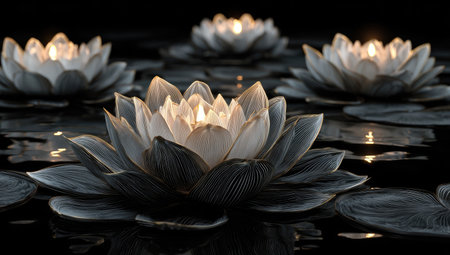 This image showcases several lotus flowers floating on water. The monochromatic palette with touches of light emphasizes texture and form. The scene presents a calming ambiance, possibly suitable for artistic or conceptual projects. The close-up composition might be suitable for various commercial or decorative applications.の素材