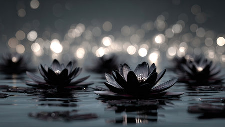 The image showcases several black water lilies floating on a body of water. The blossoms are in sharp focus, while a bokeh effect creates a soft, blurred background. The composition suggests a sense of tranquility. The scene may be suitable for artistic prints or design projects.の素材