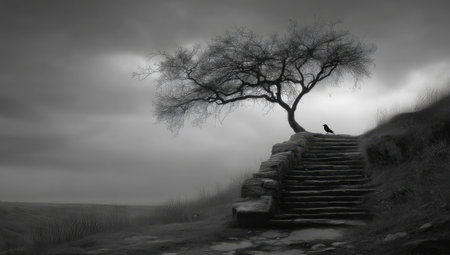 A grayscale image depicts a solitary tree perched on stone steps, set against a blurred background. The composition features a textured hill and a distant, misty horizon. The stark contrast and dramatic lighting create a contemplative atmosphere. Ideal for artistic prints, conceptual illustrations, and various commercial projects.の素材