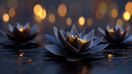 Three stylized lotus blossoms float serenely on a dark, reflective surface. The petals are a deep blue hue, with a textured appearance, and golden light emanating from their centers. A bokeh effect in the background adds depth. This image is suitable for a variety of creative and commercial applications.の素材