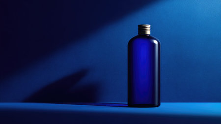 A tall, slender blue glass bottle stands against a dark blue backdrop. The bottle is illuminated by a spotlight, creating strong shadows and highlighting its shape. The composition focuses on the bottle's form and color, suitable for product presentations and visual advertising purposes.の素材
