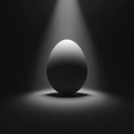 An egg, dramatically lit by a single spotlight, is the central subject against a dark background. The image showcases grayscale tones, gradients, and soft shadows, creating a sense of depth and focus. The minimalist style suggests potential use in advertising or conceptual design projects, promoting simplicity.の素材