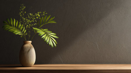 A vase containing green leaves and sprigs sits on a wooden surface against a dark background. The scene is illuminated by directional light, highlighting textures and shapes. This image might be suitable for home decor, interior design projects, or artistic illustrations, providing a sense of calm and natural beauty.の素材
