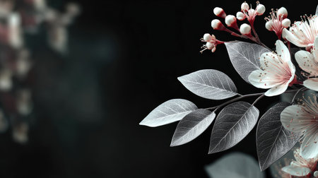 An artistic display features delicate white blossoms and silver leaves against a dark background, creating a sophisticated aesthetic. The composition highlights textures and tones, with soft lighting enhancing the visual appeal. Suitable for various design projects, this image could be used for editorial or commercial purposes.の素材