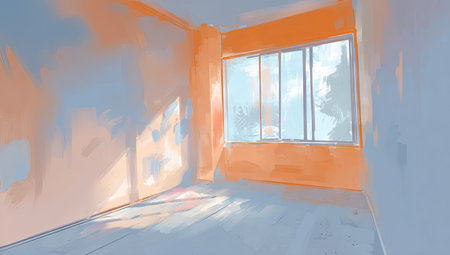An interior rendering depicts an empty room bathed in sunlight. The scene features a large window, inviting natural light to illuminate the space. The walls exhibit a warm orange hue complemented by soft blue tones. This digitally created artwork may be suitable for architectural, design, or conceptual projects.の素材