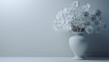A refined composition features a white vase holding a collection of white flowers. The arrangement is set against a simple, light-colored background. The scene showcases soft lighting, highlighting textures and shapes. Suitable for various design projects and visual media.の素材