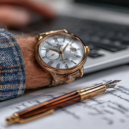 An individual's wrist displays an ornate gold wristwatch. A pen lies atop papers, suggesting work or study. The composition includes a laptop and denim shirt, indicating an office or home office setting, perhaps during daylight. Suitable for commercial projects or editorial use.の素材