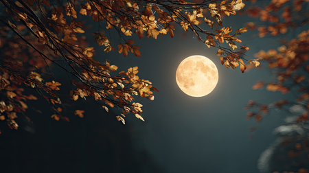 An evening image displays a full moon glowing brightly in a dark blue sky. Golden-brown leaves of tree branches frame the moon, creating a sense of depth and a natural setting. The composition suggests a serene mood, suitable for various editorial and commercial applications.の素材