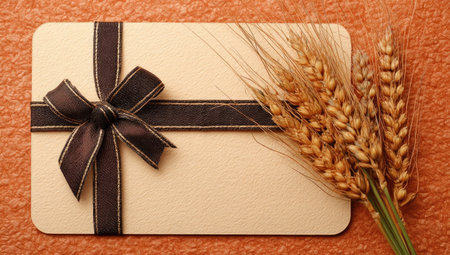 A cream-colored gift card with a dark brown ribbon lies next to a bundle of golden wheat stalks. The composition exhibits warm tones with detailed textures. The image suggests concepts of giving, harvest, and appreciation, suitable for diverse promotional and illustrative purposes.の素材