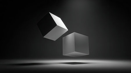 Two geometric cubes appear to float against a dark backdrop, illuminated by a spotlight. The image showcases a contrast of light and shadow, with reflective surfaces adding depth. Suitable for various design projects and visual concepts, the composition lends itself to commercial applications and graphic design.の素材