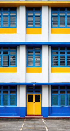 This image showcases a building facade with a symmetrical arrangement of windows and doors. The color scheme features white walls, blue window frames, and yellow accents. The composition displays a front-facing perspective, possibly taken during daylight, and may be suitable for architectural or design-related content.の素材