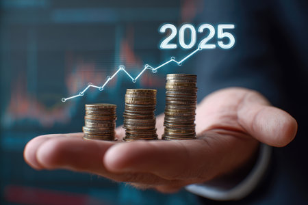 A person's hand holds stacks of coins as a visual representation of financial growth, accompanied by a projected chart indicating future progress. The image features a shallow depth of field, with soft lighting illuminating the objects against a dark background, suggesting a business or economic context, potentially for commercial applications.の素材