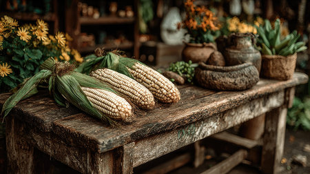 Close-up of fresh corn cobs with green husks resting on a weathered wooden table. The composition includes various pots with vibrant flowers and other greenery. The lighting suggests an outdoor setting, potentially a market or farm. Suitable for use in projects related to food, nature or sustainable living.の素材
