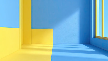 A modern interior design showcases vibrant blue and yellow walls, creating a striking geometric composition. Sunlight streams through a window, casting shadows and adding depth. The minimalist style and clean lines suggest a contemporary indoor setting suitable for various commercial applications.の素材