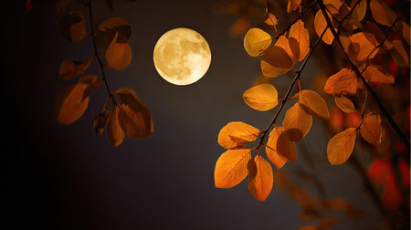 A radiant full moon dominates a dark night sky in this image, contrasted by the silhouette of autumn leaves in the foreground. The warm, golden hues of the moon are echoed in the leaves. This composition could be used for various projects, including editorial features or commercial illustrations, evoking a sense of tranquility.の素材