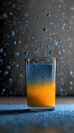 A tall glass displays two contrasting colors, likely a beverage, set against a dark backdrop. The image features a splash effect of droplets. The composition uses overhead lighting and highlights the textures of the liquids and surfaces. The image could be suitable for advertising, illustrating food, or abstract concepts.の素材