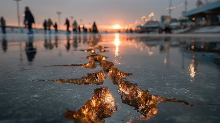 The image shows a frozen lake with cracks reflecting a sunset. Blurred figures are skating in the distance, suggesting outdoor recreational activity. The composition features a low-angle perspective, highlighting the textures of the ice and the golden sunlight. This scene may be suitable for illustrating winter themes or general lifestyle contexts.の素材
