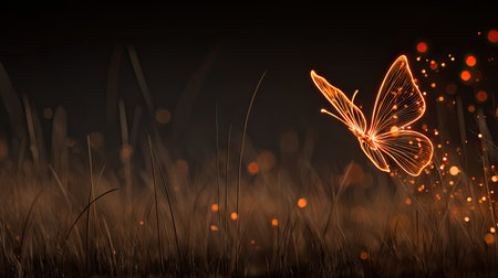 A luminous butterfly silhouette takes flight, its form defined by glowing orange lines. The artwork features a dark background with bokeh effects, creating a mystical atmosphere. The scene evokes a sense of wonder, with potential applications in design projects and artistic endeavors.の素材