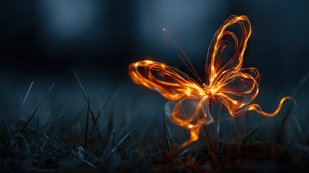 An illuminated butterfly shape is depicted against a dark background. The butterfly is formed by glowing lines. The image presents a contrasting interplay of light and shadow, with a focus on form and design, creating a surreal and fantasy-like atmosphere suitable for creative projects or visual narratives.の素材