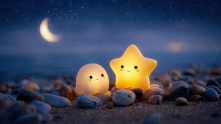 Two luminous, cartoon-like figures, a star and a round companion, sit on a sandy shore under a crescent moon. The scene showcases a calm, nocturnal setting with soft lighting and a blue-toned background. This image could be used for various commercial or editorial purposes, conveying themes of friendship and tranquility.の素材