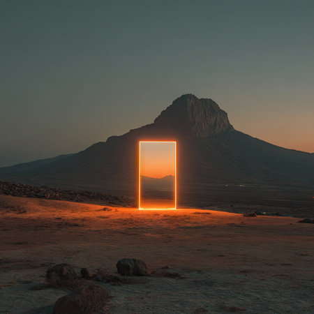 A striking visual features a glowing rectangular portal situated in a landscape setting with a prominent mountain silhouette. The image displays warm orange and cool blue tones, suggesting a sunset or sunrise. The composition is likely for commercial use, potentially for advertising or artistic projects.の素材