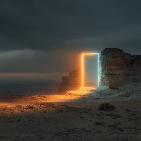 An illuminated doorway radiates warm and cool hues, contrasting against a darkened environment. The composition features a textured land formation, suggesting a natural setting. This conceptual image may be suitable for illustrating themes of transition, discovery, or artistic projects, and could be utilized for various commercial and editorial purposes.の素材