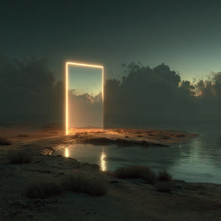 An illuminated rectangular portal stands in a tranquil outdoor setting, reflecting in a body of water. The scene features a dusky sky with soft clouds and subtle lighting. The image evokes a sense of mystery and possibility, potentially suitable for editorial content or creative projects.の素材