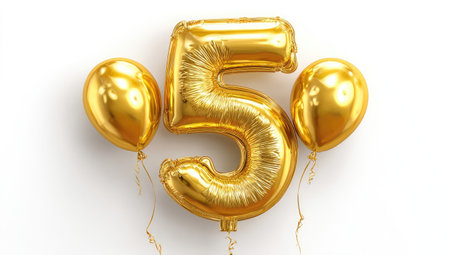 A golden number five balloon is the central subject, flanked by two similarly colored balloons, all against a bright white backdrop. The balloons show a metallic texture, and are illuminated with soft lighting, suggesting a studio setting. This imagery is suitable for various celebratory or promotional materials.の素材
