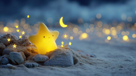 A radiant yellow star-shaped light sits atop a mound of sand under a crescent moon. Soft, out-of-focus lights suggest a starry night or bokeh effect. The image features a cool color palette and a soft, inviting atmosphere. This scene could be used for illustrations, children's content, or dreamy themes.の素材