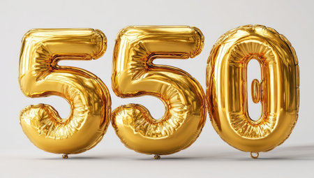 The image features shiny golden balloon numbers spelling out 550. The balloons have a reflective surface, with subtle texture visible. The composition is simple, set against a plain white background. The visual style suggests festive or celebratory themes, suitable for various commercial uses.の素材