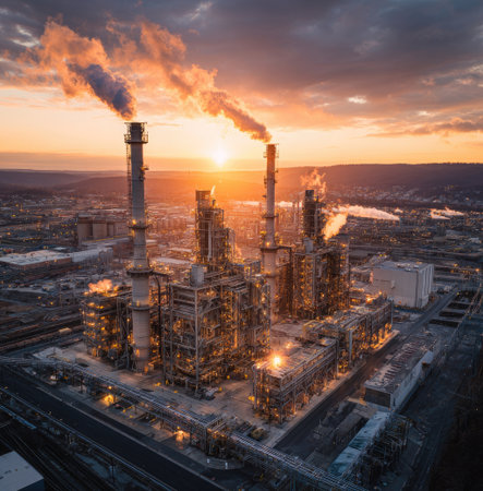 An aerial view presents an industrial complex during sunset. Smoke billows from multiple stacks against the warm glow of the setting sun. The composition highlights the geometric structures and textures. This image could be used for various commercial or editorial purposes related to industry and energy production.の素材
