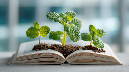 An open book displays growing green plants, symbolizing learning and growth. The image shows the plants emerging from soil placed on the book's pages, with a soft focus background. The composition features overhead lighting and showcases the texture and color of both the plant life and the aged paper. Suitable for educational or conceptual projects.の素材