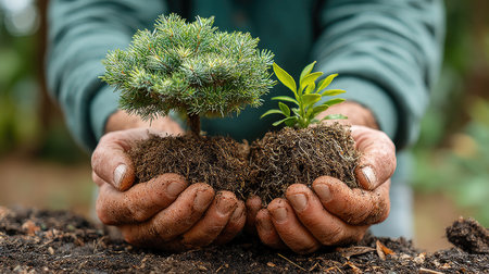 Two hands carefully cradle small plants with soil, showcasing a close-up perspective. The plants, one coniferous and the other leafy, are vibrant green. The image features natural lighting, soft focus, and a shallow depth of field, implying an outdoor setting. This image is suitable for environmental conservation, gardening, and sustainable living concepts.の素材