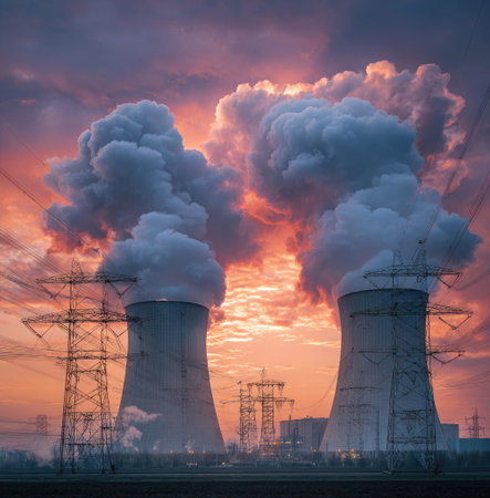 An industrial power plant is featured with large cooling towers releasing plumes of smoke. The composition presents an expansive view, with the structures set against a colorful sky. The photograph's lighting suggests a sunset or sunrise setting. This image may be suitable for editorial and commercial applications.の素材