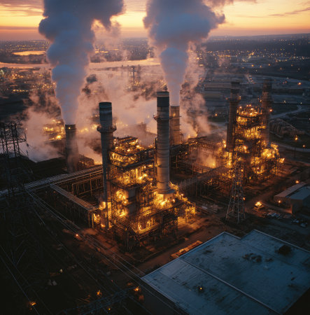 An aerial view presents an industrial complex at dusk, with illuminated structures and billowing smoke. The composition features a symmetrical arrangement, with warm hues from artificial lights contrasting with the darker tones of the twilight sky. The scene is suitable for illustrating industry, environmental concerns, or energy production.の素材