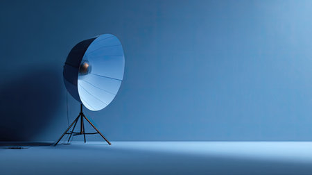 A large studio light dominates the scene, positioned against a seamless blue background. The light's silver reflector and stand are visible, creating strong directional illumination. The composition employs shadows and highlights to emphasize the form. Suitable for commercial applications such as advertising or product photography.の素材