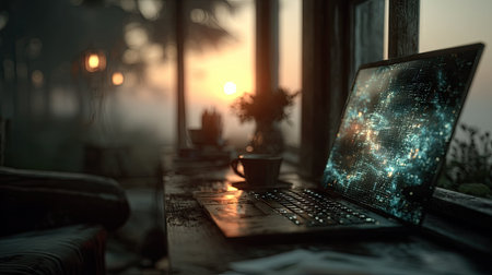 A laptop displays digital artwork next to a coffee cup near a window. The scene features soft lighting from a sunrise or sunset, creating a warm, inviting atmosphere. The composition emphasizes textures and gradients. Suitable for commercial projects, digital design, or illustrating technology.の素材