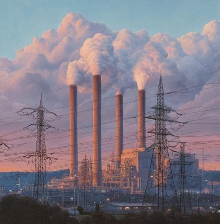 An industrial power plant is depicted, featuring tall smokestacks emitting plumes of smoke against a backdrop of clouds. The image displays a composition emphasizing the structures and sky, bathed in warm hues. This imagery may be used for commercial projects related to industry, energy production, and environmental themes.の素材