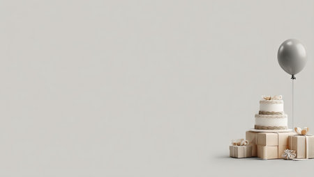 A tiered cake, surrounded by wrapped gifts, is the central focus, accompanied by a gray balloon. The scene is presented on a minimalist, neutral background. Soft lighting and textures contribute to an appealing aesthetic suitable for various celebratory or promotional applications.の素材