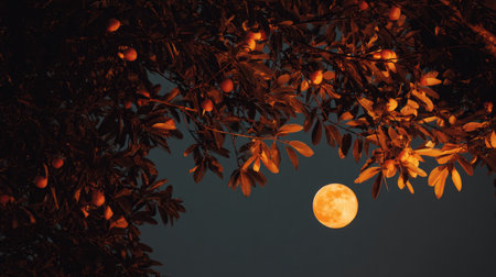 A radiant full moon shines prominently against a dark blue sky, framed by branches of autumnal foliage. The leaves display warm hues of orange and brown, contrasting with the cool background. This image creates a serene and picturesque scene suitable for various uses, including editorial and commercial projects.の素材