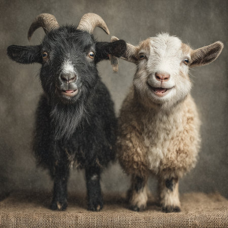 Two goats stand close together, their faces conveying a human-like expression of joy. One goat is black, the other beige. The composition is a portrait against a neutral, blurred background, highlighting their textured fur. Ideal for various projects, including animal-themed content or illustrations.の素材