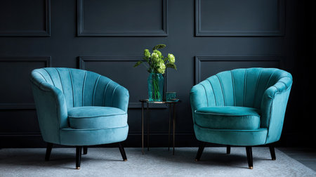 Two teal armchairs are placed in front of a dark blue wall. A small round table with a vase of green flowers sits between them. The composition features a classic design and smooth textures. This image could be used for interior design projects or other commercial purposes.の素材