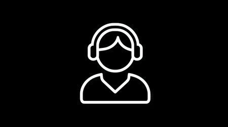 A simple white outline icon depicting a person wearing headphones set against a black backdrop. The graphic features a minimalist design with clean lines and uniform strokes. It likely suggests customer support or audio-related themes, suitable for a digital or technological context. Appropriate for diverse commercial and editorial applications.の素材